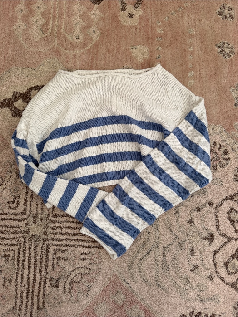 Garage Cropped Off-Shoulder Striped Sweater in White & Blue